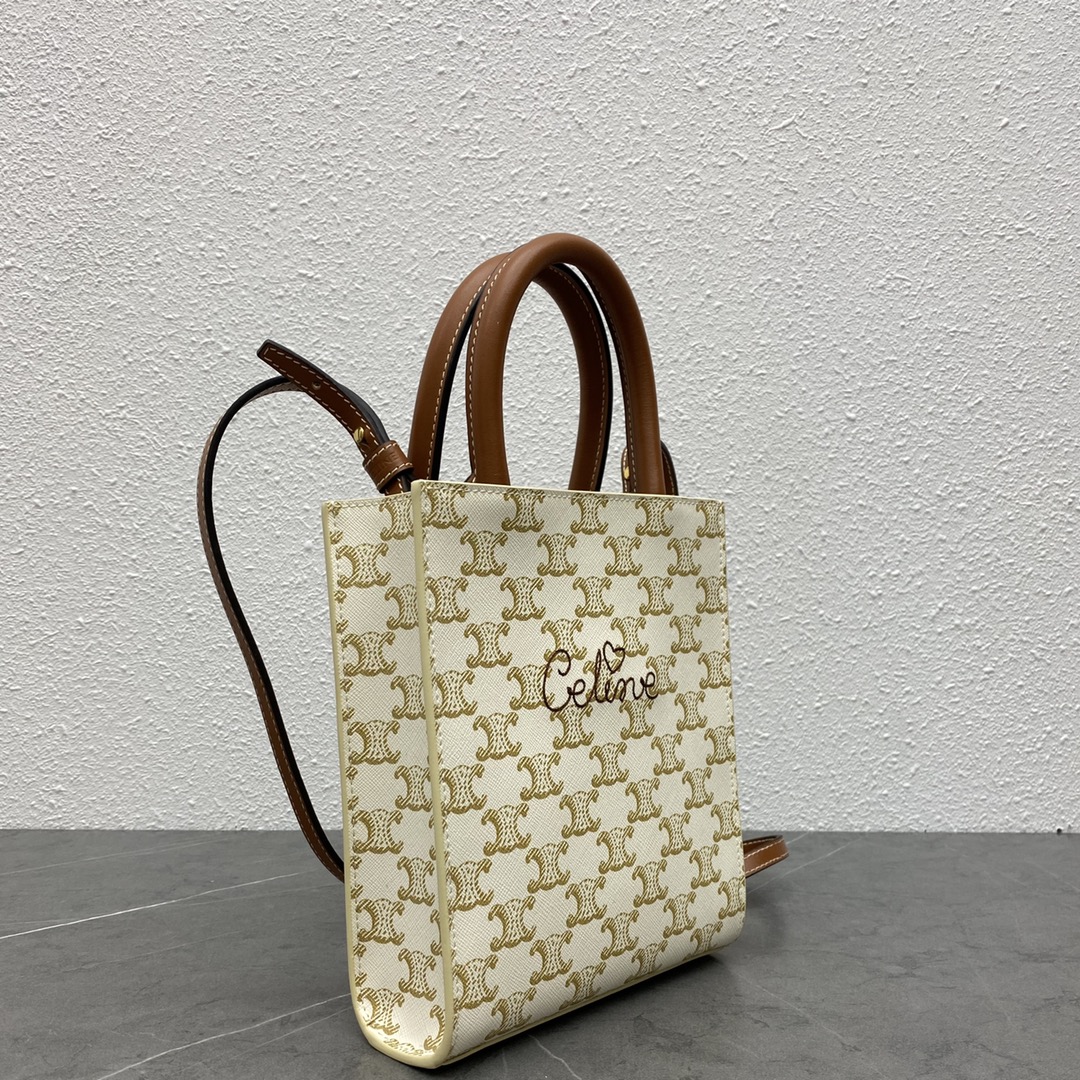 Celine Mini Vertical Cabas In Triomphe Canvas And Calfskin With Celine Print Cream/Brown 193302